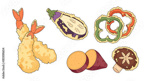 Assorted Asian cuisine ingredients including shrimp eggplant peppers and sauce