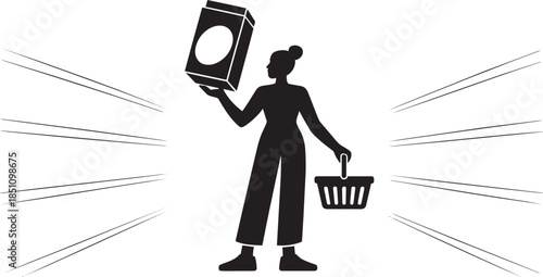 Woman with shopping basket holding box, grocery shopping, silhouette on grid background