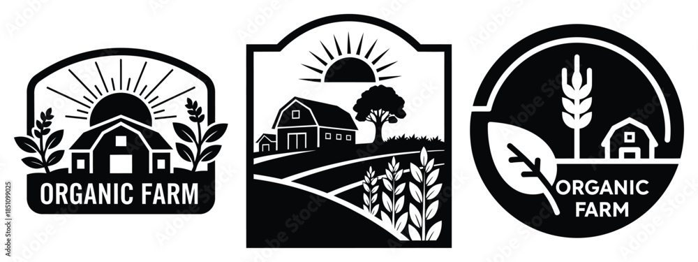 Obraz premium organic farm badge silhouette icon set. agriculture, plant-based lifestyle symbols