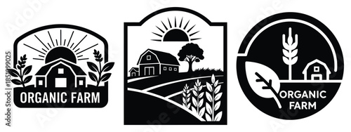 organic farm badge silhouette icon set. agriculture, plant-based lifestyle symbols