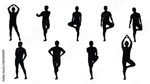 A collection of black silhouettes depicting various yoga poses and human figures in motion silhouette