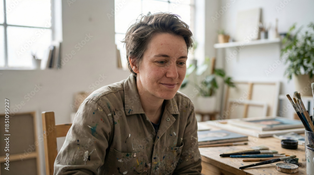 Fototapeta premium Joyful non-binary person smiling in an art studio surrounded by painting supplies, brushes, and canvases while engaging in creative work.