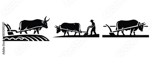 ox plowing field silhouette icon set. agriculture, plant-based lifestyle symbols