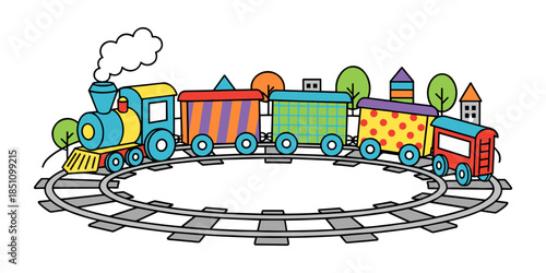 Colorful toy train moving on circular railroad track