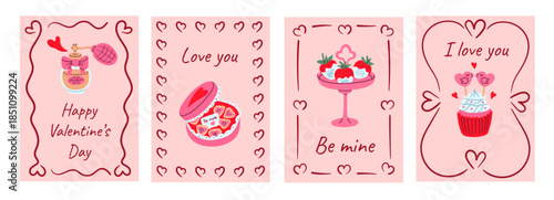 Set of cute Valentine cards featuring perfume, heart chocolate box, dipped strawberries, and lovebird cupcake with romantic messages, perfect for printable greetings and sweet holiday stationery.