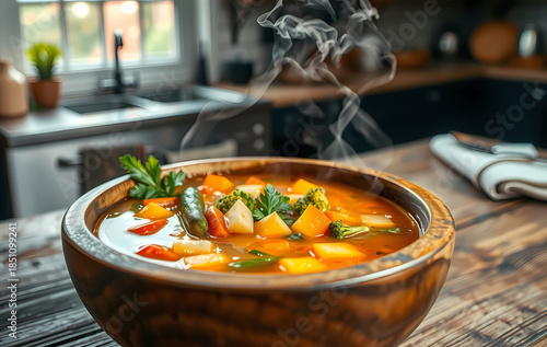 Close Up Of Vibrant Mediterranean Vegetable Minestrone Soup With Rising Steam On Kitchen Table Surface