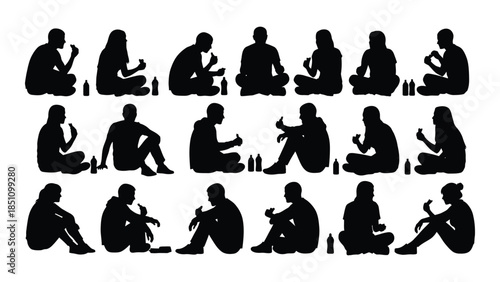 Diverse human poses depicted in black showcasing various actions and positions silhouette