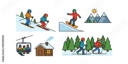 Winter mountain sports activities with ski resort elements