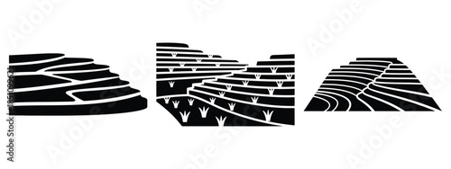 rice field terrace silhouette icon set. agriculture, plant-based lifestyle symbols