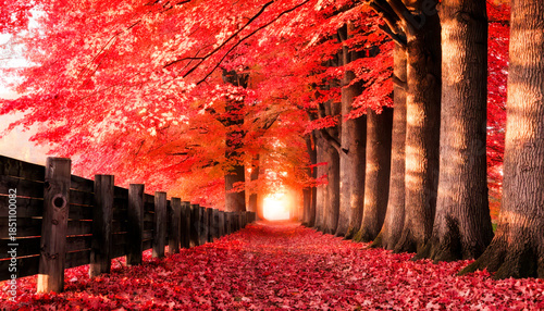 Autumn pathway illuminated by red leaves