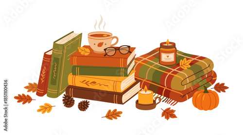 Autumn cozy reading scene with books and tea