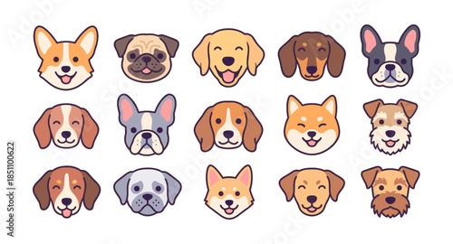 Happy dog breed cartoon head icons