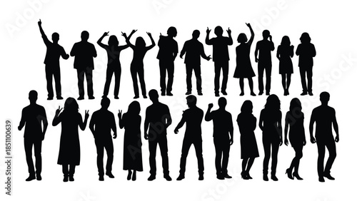 A diverse group of people celebrating with arms raised depicted as a striking silhouette