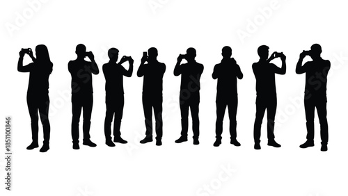 A row of black silhouettes depicting people in various poses capturing movement silhouette