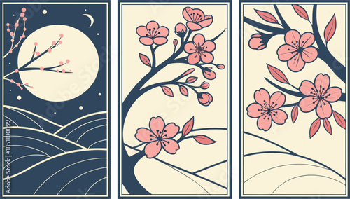 Tranquil cherry blossom triptych with moonlit night sky