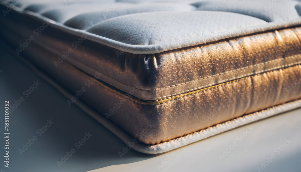 Obraz premium Luxury White Gold Sparkle Mattress Close Up Detail With Tufted Top and Golden Shimmering Sides Featuring Soft Lighting and Clean Background for Sleep and Comfort Concepts