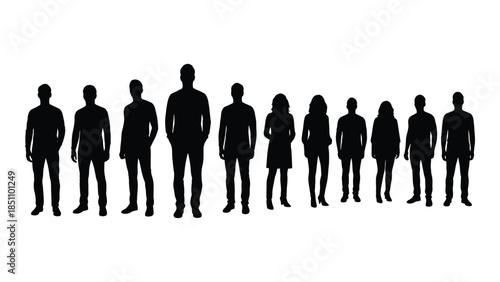 A row of dark human figures standing together presenting a stark visual silhouette