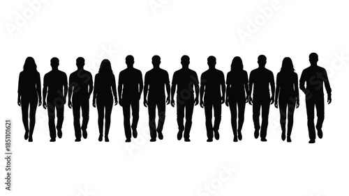 A line of people walking forward depicted as dark shapes against a white background silhouette