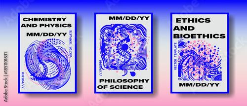 Poster templates in a bold abstract vector style feature swirling blue and pink line patterns with dotted particles and organic waves on gradient backgrounds, labeled with scientific disciplines.