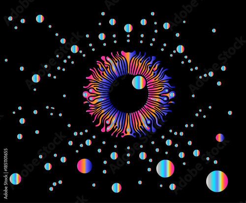 Surreal eye with a black pupil surrounded by rainbow gradient iris rays, encircled by scattered holographic bubble-like orbs. Conceptual illustration for vision, perception, psychedelic art.