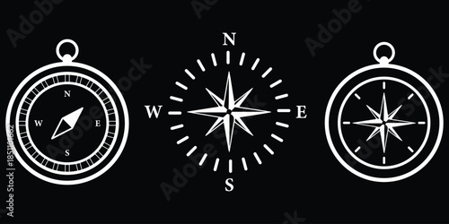 Compass Vector Set, Navigation Directional Symbol. Compass icon in line. Navigation compass icon. Compass and north arrow icon set. direction sign for maps, orientation and travel design elements.