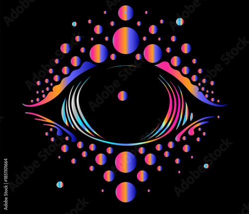 Surreal eye with a black pupil surrounded by rainbow gradient iris rays, encircled by scattered holographic bubble-like orbs. Conceptual illustration for vision, perception, psychedelic art.