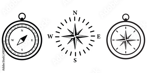 Compass Vector Set, Navigation Directional Symbol. Compass icon in line. Navigation compass icon. Compass and north arrow icon set. direction sign for maps, orientation and travel design elements.