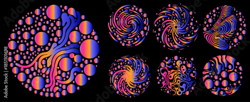 Psychedelic vector illustration displays a collection of circular abstract designs with fluid organic tentacles, swirling spirals, bubbles, and wavy distortions in vibrant rainbow gradients.