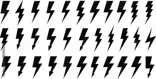 Lightning bolt icon set, black silhouette symbols, electric energy shapes, thunder strike variations, flat vector illustration
