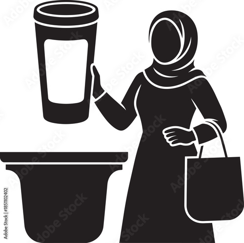 Muslim woman holding travel mug with coffee pot and shopping bag on transparent background