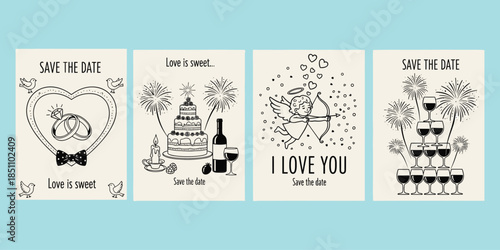 Save the Date card set, romantic wedding celebration icons, love symbols, engagement party elements, flat vector illustration