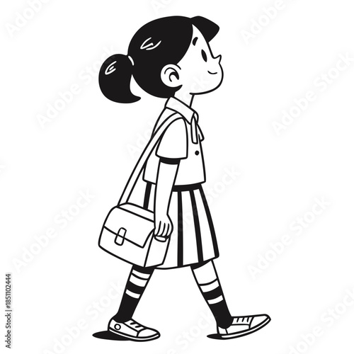 Cartoon illustration of a young girl walking to school with a satchel