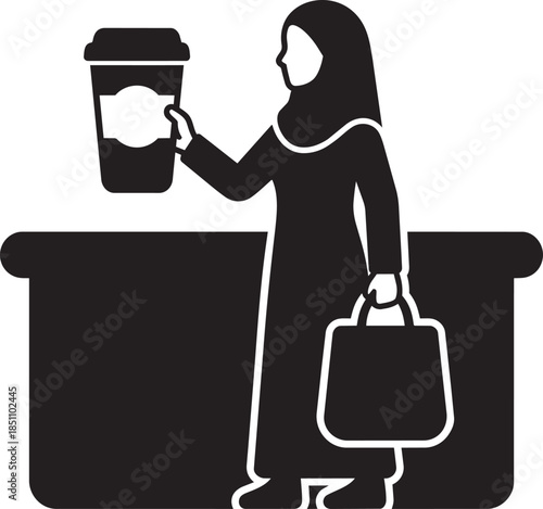 Muslim woman in hijab holding coffee cup and shopping bag