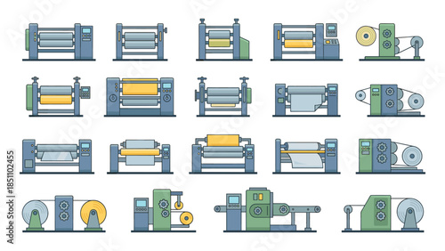 Industrial machinery for manufacturing and production lines icons
