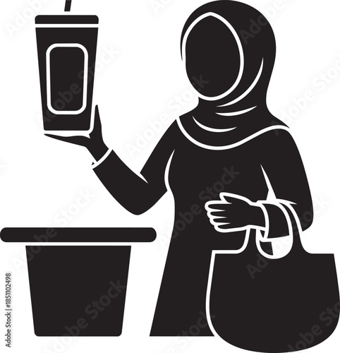Muslim woman shopping with drink and bag in hand, basket on transparent background