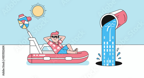 Man in sunglasses relaxing on an inflatable raft near a large water pipe