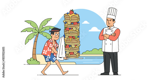 Man carrying huge stack of pancakes observed by angry chef on the beach.
