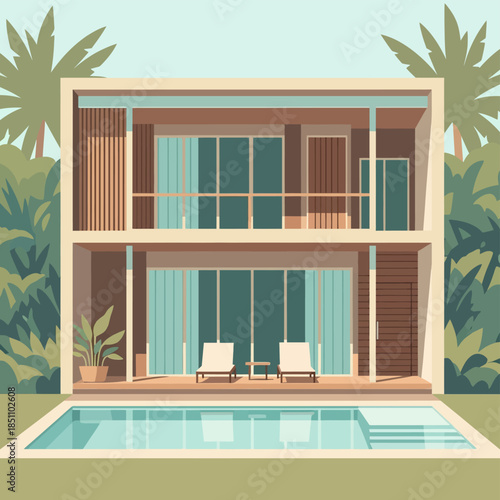 Modern two-story resort villa exterior with private swimming pool