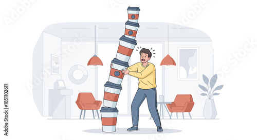 Stressed man carrying a towering stack of takeaway coffee cups.