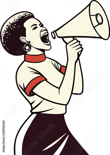 Confident woman speaking through megaphone loudly