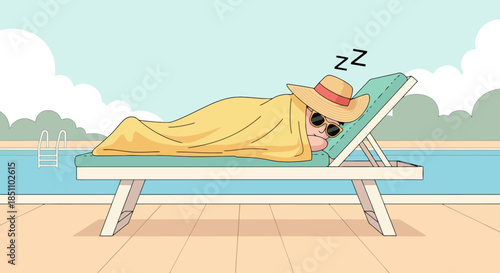 Cartoon person napping on a sun lounger by the swimming pool.