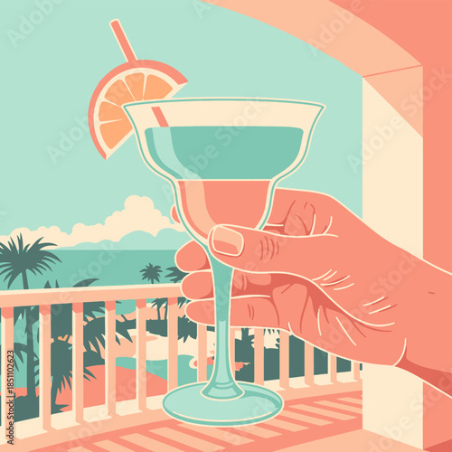 Hand holding blue margarita cocktail with orange slice on a tropical balcony