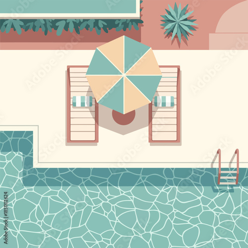 Overhead view of pool deck with sun loungers, umbrella, and tropical plants.