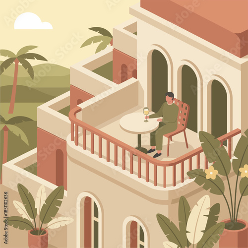 Man enjoying wine on a balcony terrace of a Mediterranean resort building