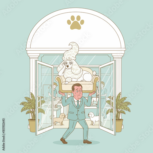 Stressed man carrying a spoiled standard poodle relaxing on a sofa.