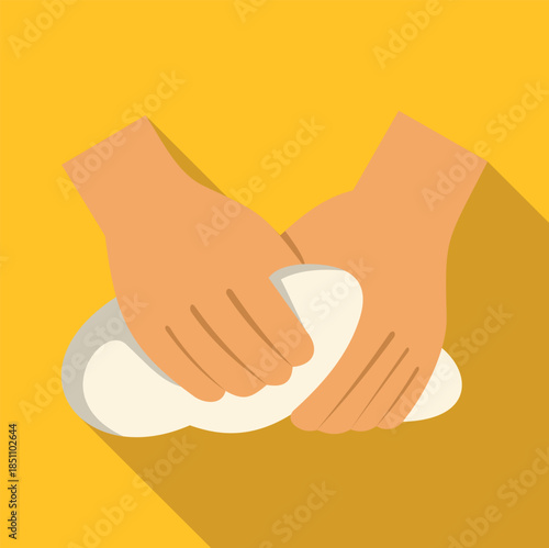 Hands kneading dough on a yellow background, presenting a baking and food preparation concept