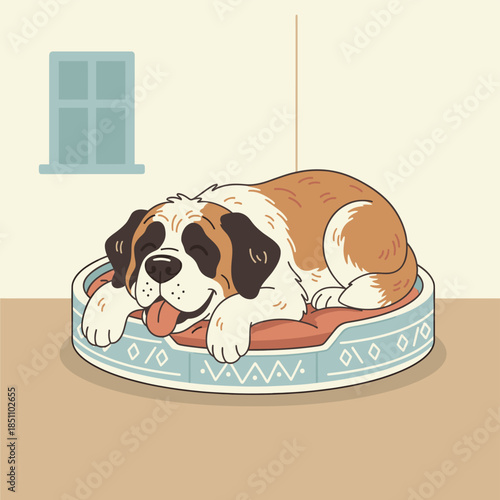 Saint Bernard dog resting comfortably in a soft pet bed illustration
