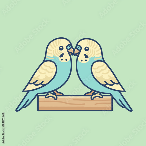 Two Budgerigars Kissing on a Wooden Perch Vector Illustration
