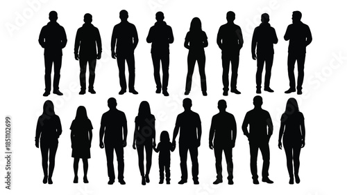 A collection of diverse human figures displayed as dark shapes a striking silhouette