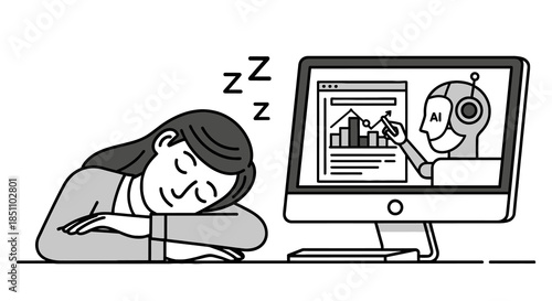 Sleeping worker relies on AI robot for data and business analysis.